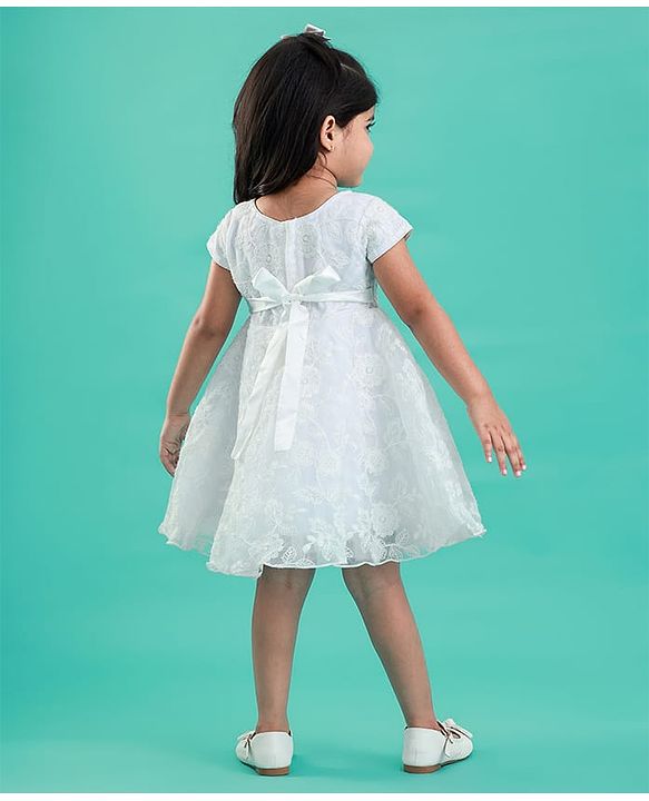 Babyhug Sleeveless Floral Embroidery with Bow Applique Party Frock - White