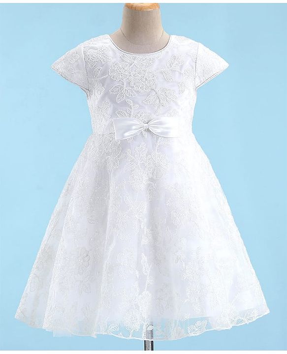 Babyhug Sleeveless Floral Embroidery with Bow Applique Party Frock - White