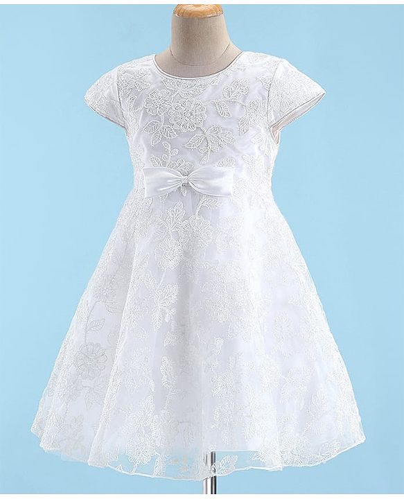 Babyhug Sleeveless Floral Embroidery with Bow Applique Party Frock - White