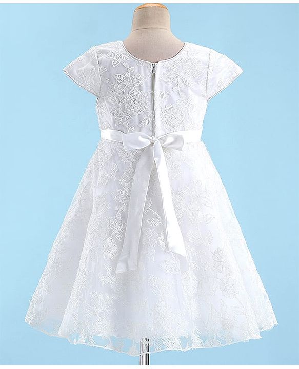 Babyhug Sleeveless Floral Embroidery with Bow Applique Party Frock - White