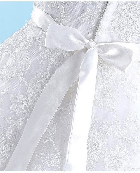 Babyhug Sleeveless Floral Embroidery with Bow Applique Party Frock - White