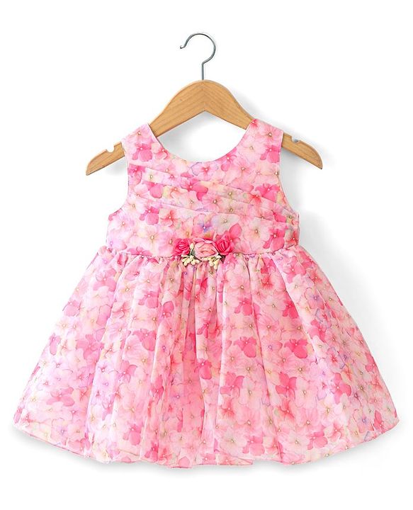 Babyhug Sleeveless Floral Printed Fit & Flare Party Frock with Floral Applique  - Pink