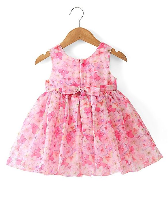 Babyhug Sleeveless Floral Printed Fit & Flare Party Frock with Floral Applique  - Pink