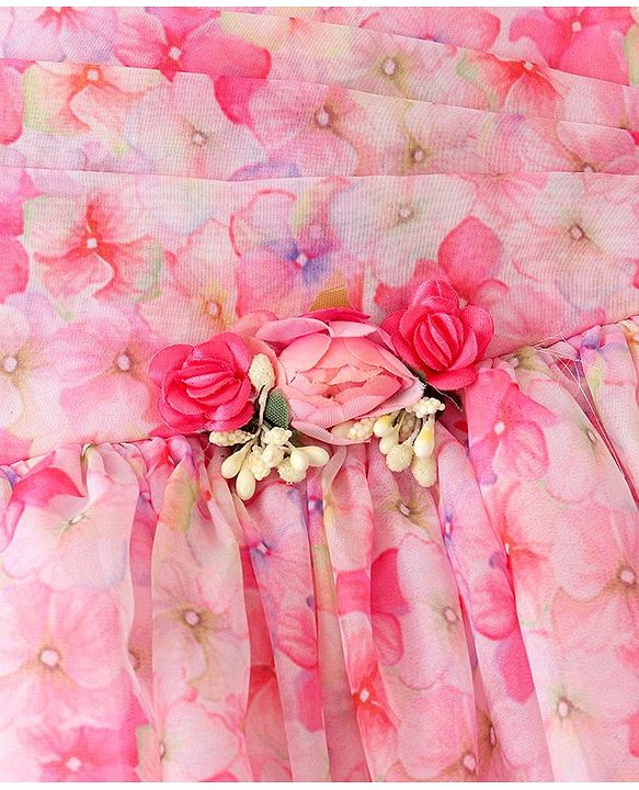 Babyhug Sleeveless Floral Printed Fit & Flare Party Frock with Floral Applique  - Pink