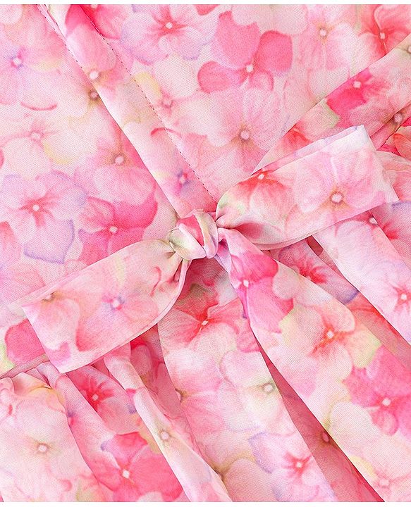 Babyhug Sleeveless Floral Printed Fit & Flare Party Frock with Floral Applique  - Pink