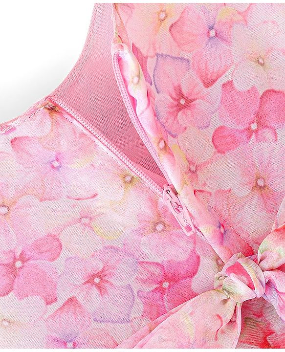 Babyhug Sleeveless Floral Printed Fit & Flare Party Frock with Floral Applique  - Pink