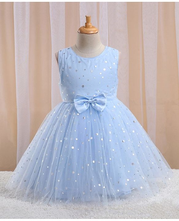 Babyhug Sleeveless Foil Printed with Bow Applique Flared Party Frock - Powder Blue
