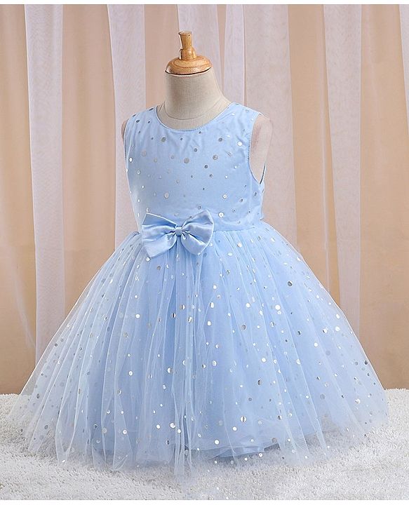 Babyhug Sleeveless Foil Printed with Bow Applique Flared Party Frock - Powder Blue