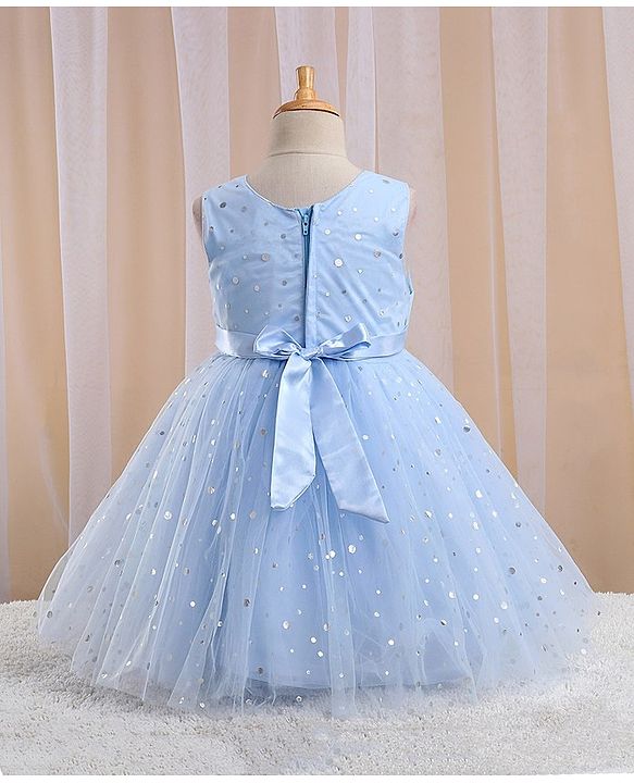 Babyhug Sleeveless Foil Printed with Bow Applique Flared Party Frock - Powder Blue