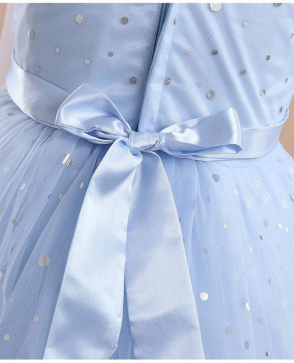 Babyhug Sleeveless Foil Printed with Bow Applique Flared Party Frock - Powder Blue