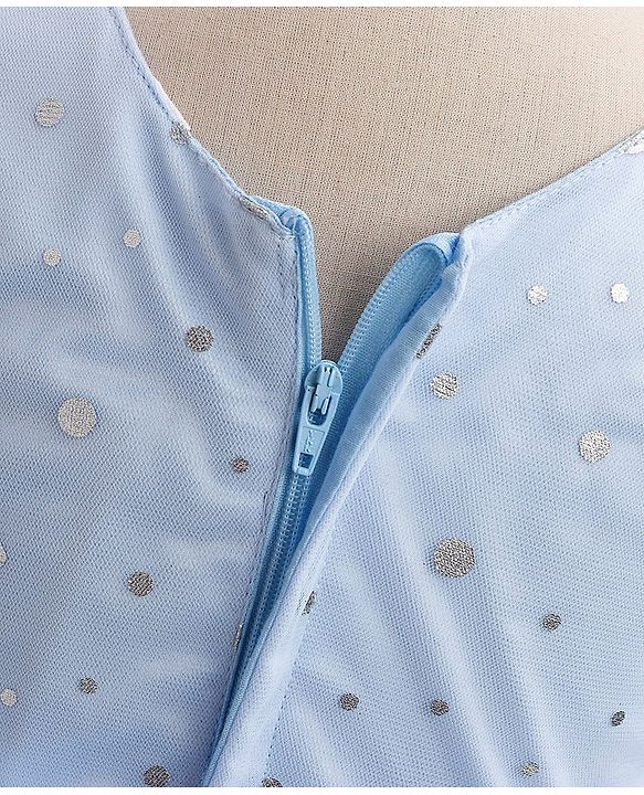 Babyhug Sleeveless Foil Printed with Bow Applique Flared Party Frock - Powder Blue