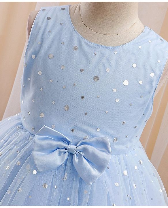 Babyhug Sleeveless Foil Printed with Bow Applique Flared Party Frock - Powder Blue