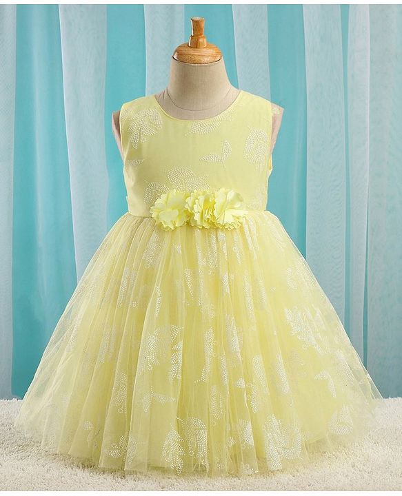 Babyhug Sleeveless Rubber Floral Printed with Corsage Flared Party Frock - Yellow