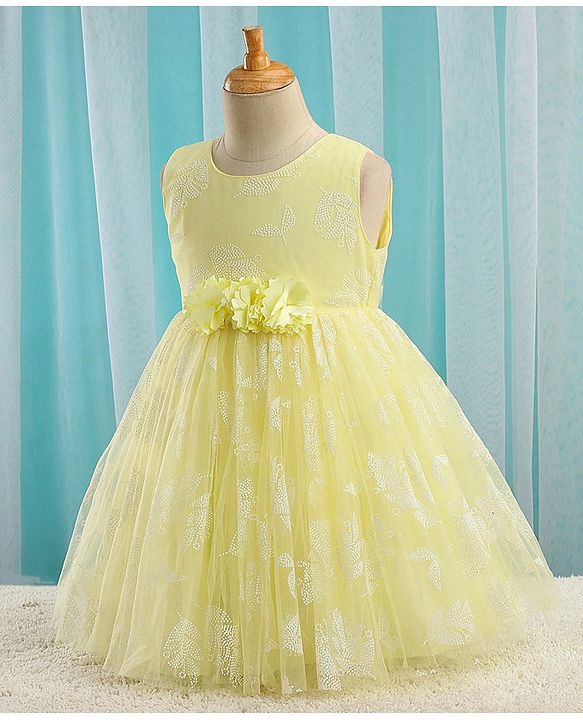 Babyhug Sleeveless Rubber Floral Printed with Corsage Flared Party Frock - Yellow
