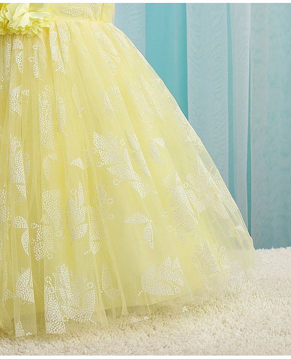 Babyhug Sleeveless Rubber Floral Printed with Corsage Flared Party Frock - Yellow