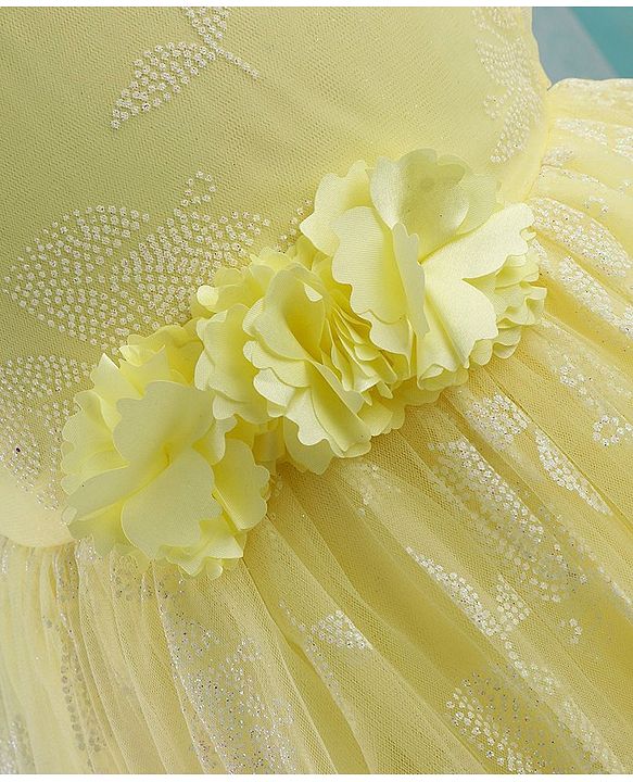 Babyhug Sleeveless Rubber Floral Printed with Corsage Flared Party Frock - Yellow