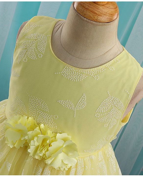 Babyhug Sleeveless Rubber Floral Printed with Corsage Flared Party Frock - Yellow
