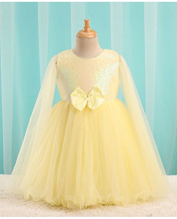 Babyhug Sleeveless Sequinned Yoke Mesh Party Frock With Bow Applique - Yellow