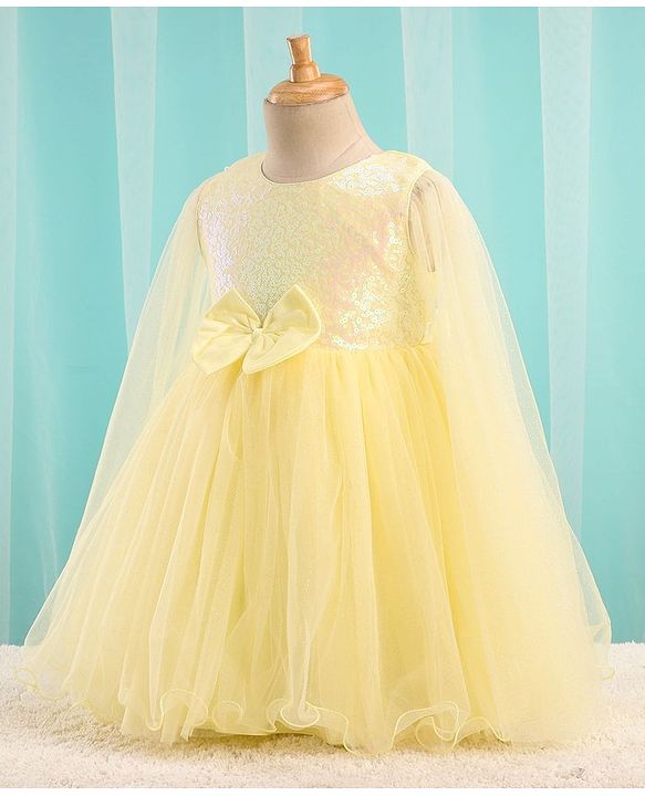 Babyhug Sleeveless Sequinned Yoke Mesh Party Frock With Bow Applique - Yellow
