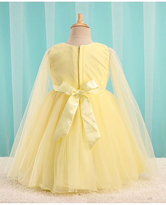 Babyhug Sleeveless Sequinned Yoke Mesh Party Frock With Bow Applique - Yellow