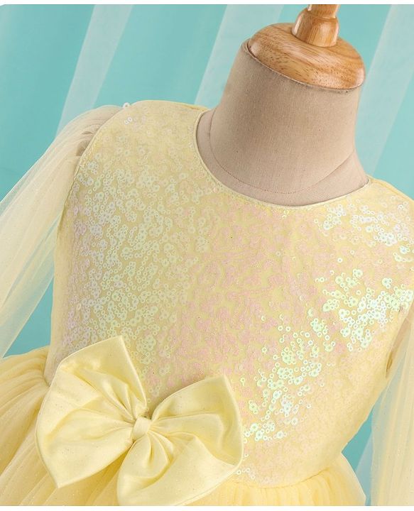 Babyhug Sleeveless Sequinned Yoke Mesh Party Frock With Bow Applique - Yellow