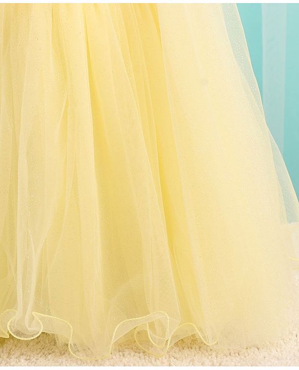 Babyhug Sleeveless Sequinned Yoke Mesh Party Frock With Bow Applique - Yellow