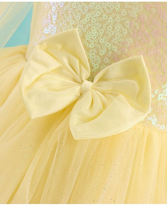 Babyhug Sleeveless Sequinned Yoke Mesh Party Frock With Bow Applique - Yellow