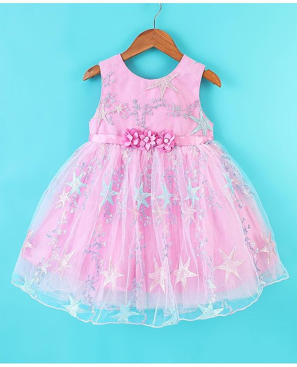Babyhug Sleeveless Party Frock With Star Embroidered & Floral Applique - Pink