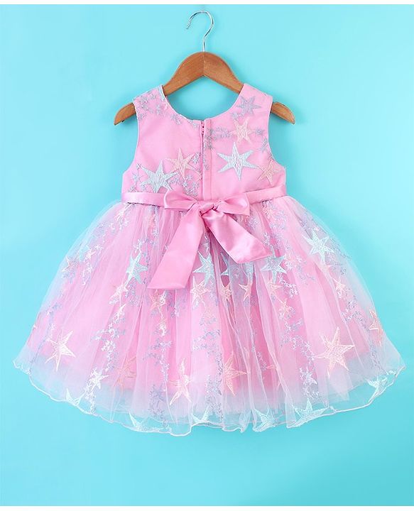 Babyhug Sleeveless Party Frock With Star Embroidered & Floral Applique - Pink