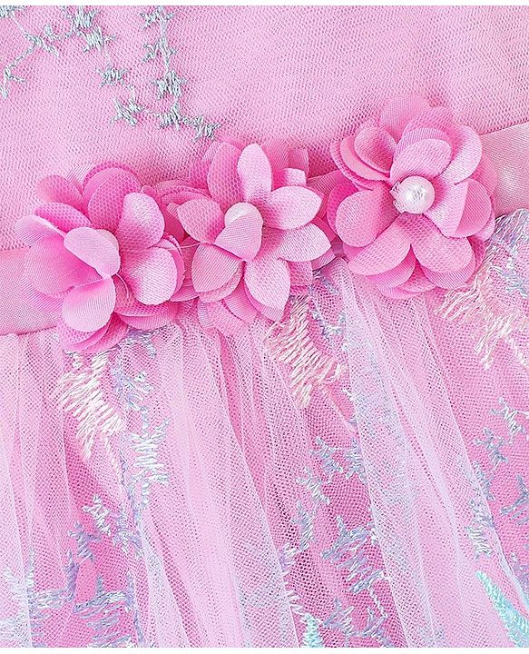 Babyhug Sleeveless Party Frock With Star Embroidered & Floral Applique - Pink