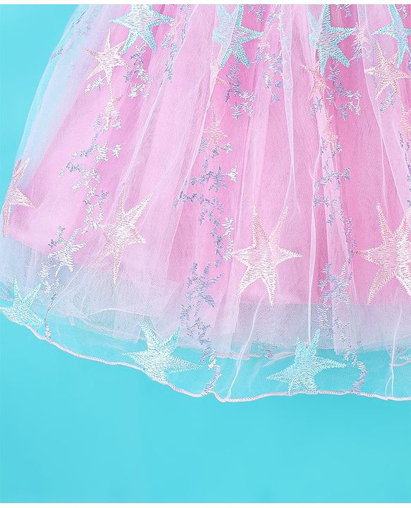 Babyhug Sleeveless Party Frock With Star Embroidered & Floral Applique - Pink