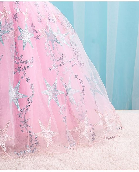 Babyhug Sleeveless Party Frock With Star Embroidered & Floral Applique - Pink