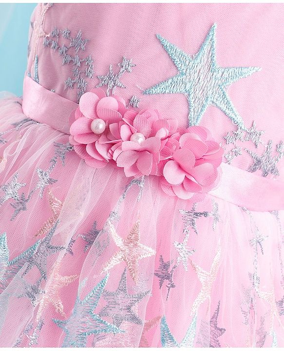 Babyhug Sleeveless Party Frock With Star Embroidered & Floral Applique - Pink