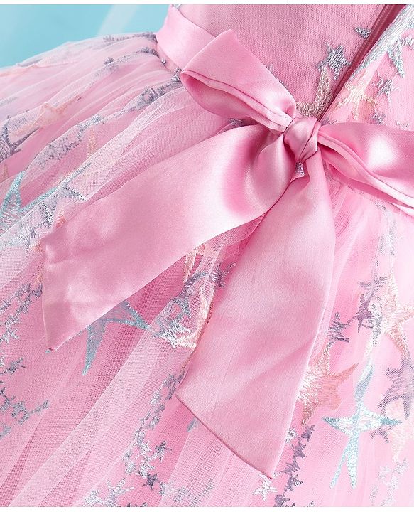 Babyhug Sleeveless Party Frock With Star Embroidered & Floral Applique - Pink