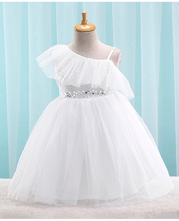 Babyhug Sleeveless Mesh Party Frock with Sequin Detailing - White