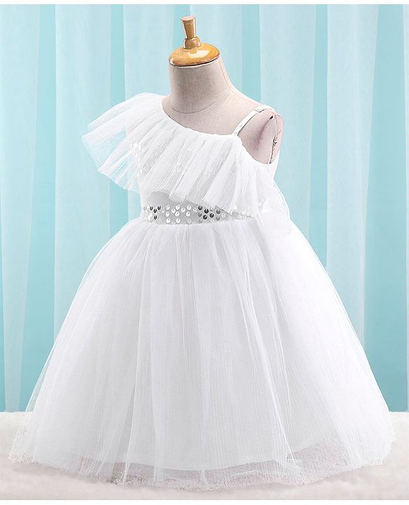 Babyhug Sleeveless Mesh Party Frock with Sequin Detailing - White
