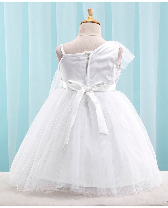 Babyhug Sleeveless Mesh Party Frock with Sequin Detailing - White