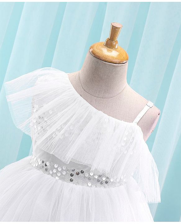 Babyhug Sleeveless Mesh Party Frock with Sequin Detailing - White