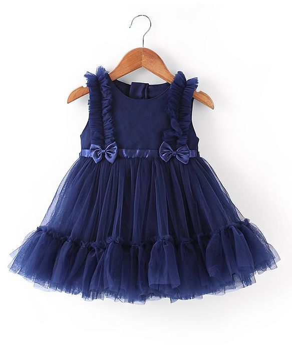 Babyhug Sleeveless Bow Applique  Mesh Party Frock - Navy Blue