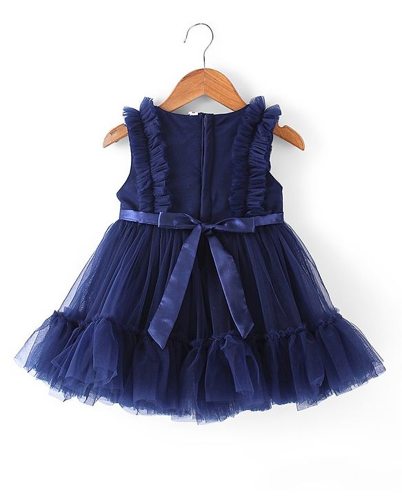 Babyhug Sleeveless Bow Applique  Mesh Party Frock - Navy Blue