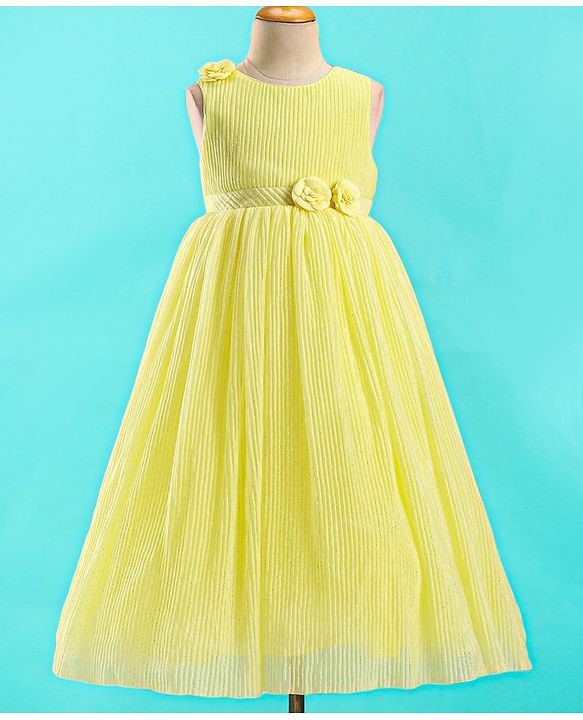 Babyhug Sleeveless Textured Party Dress with Floral Applique - Yellow