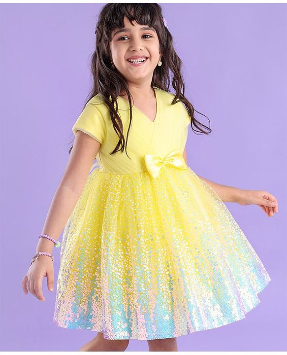 Babyhug Half Sleeves Sequinned Party Frock with Sequin Detailing & Bow Applique - Yellow