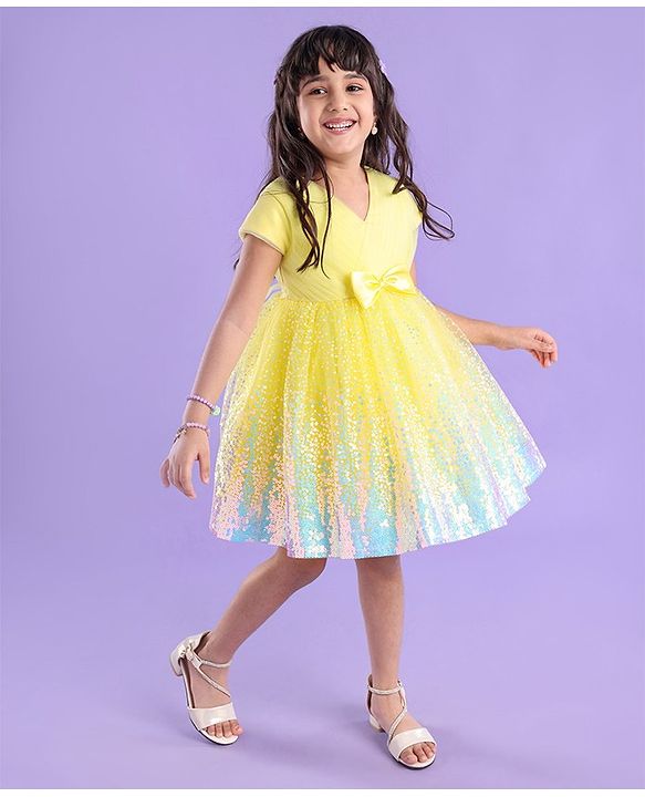 Babyhug Half Sleeves Sequinned Party Frock with Sequin Detailing & Bow Applique - Yellow