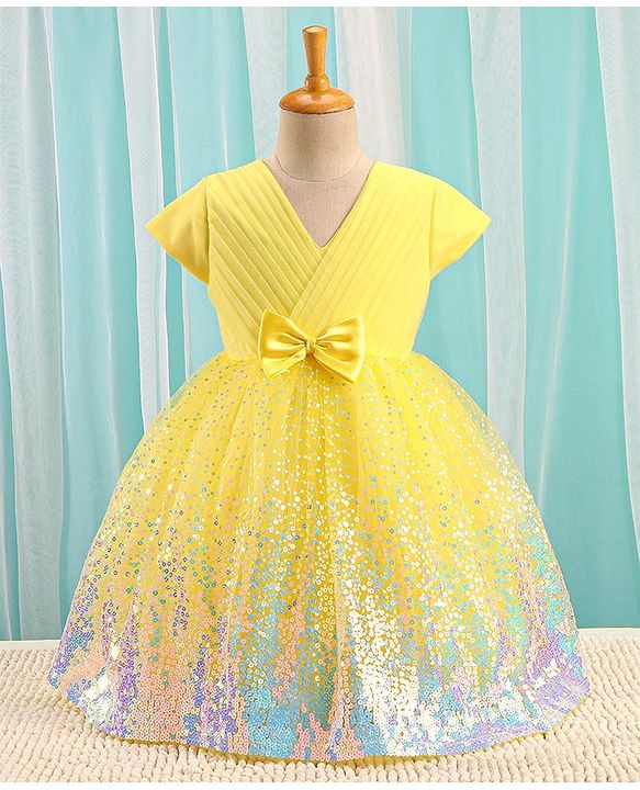 Babyhug Half Sleeves Sequinned Party Frock with Sequin Detailing & Bow Applique - Yellow