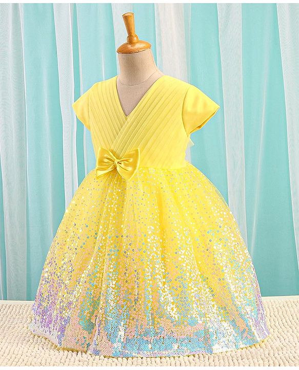Babyhug Half Sleeves Sequinned Party Frock with Sequin Detailing & Bow Applique - Yellow