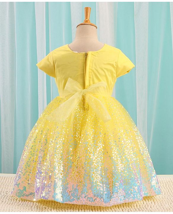 Babyhug Half Sleeves Sequinned Party Frock with Sequin Detailing & Bow Applique - Yellow