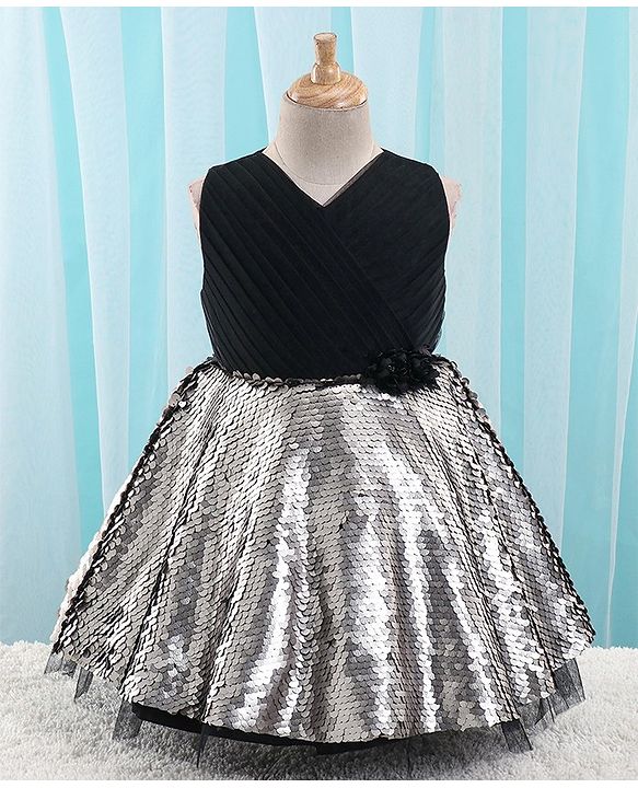 Babyhug Sleeveless Sequinned Flared Party Frock With Floral Corsage - Black