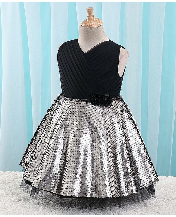 Babyhug Sleeveless Sequinned Flared Party Frock With Floral Corsage - Black