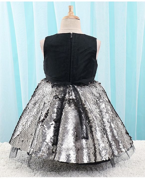 Babyhug Sleeveless Sequinned Flared Party Frock With Floral Corsage - Black
