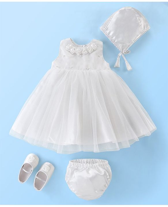 Babyhug Sleeveless Baptism Set With Floral Applique - White
